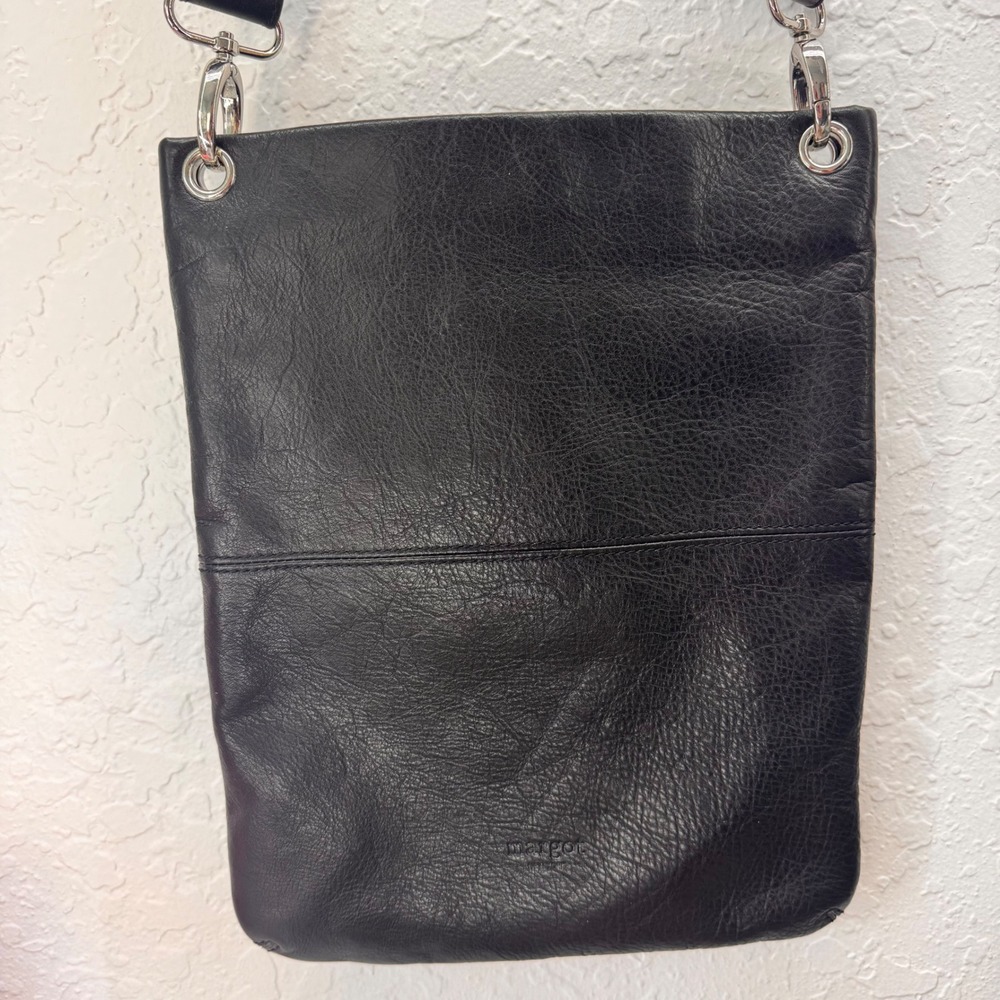 Margot New York Leather Crossbody Bag Black Pebbled Slim Messenger Multi Pocket